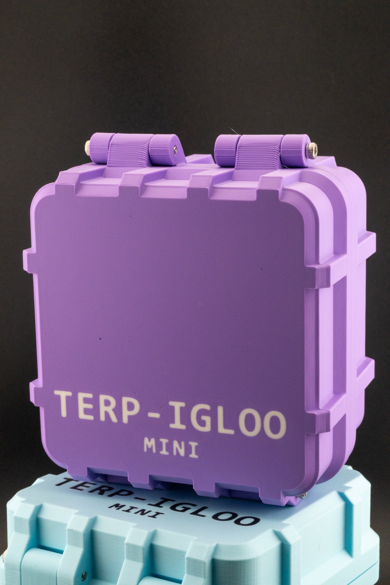 Purple and teal 'TERP-IGLOO MINI' container on a dark background